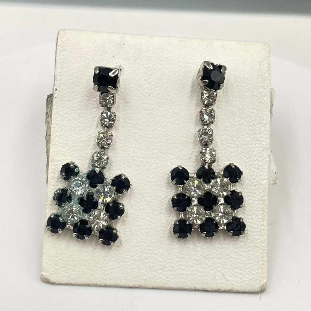 Vintage‎ Silver-Tone Glamour Prong Rhinestone Beads Checkerboard Dangle Earrings